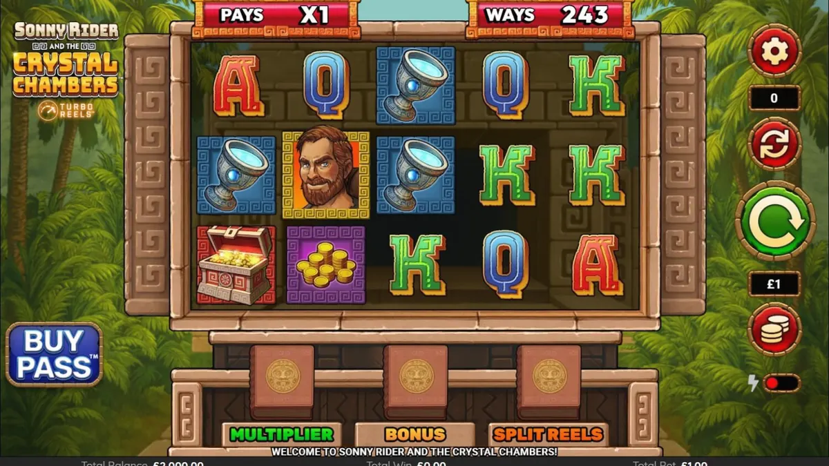 Sonny Rider & The Crystal Chambers slot game atmosphere with Aztec jungle background