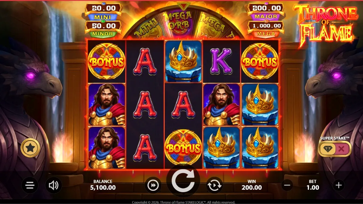 Visual naga dan harta karun dalam slot Throne of Flame